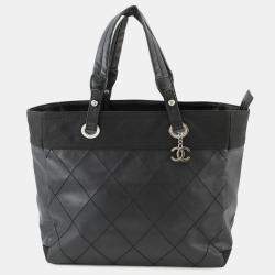 Pre Owned Chanel Paris-Biarritz Tote Bag Black Leather Canvas Size Mm