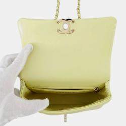 Pre Owned Chanel Top Handle Matelasse Shoulder Yellow Shiny Calf Leather Size Mini