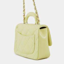 Pre Owned Chanel Top Handle Matelasse Shoulder Yellow Shiny Calf Leather Size Mini