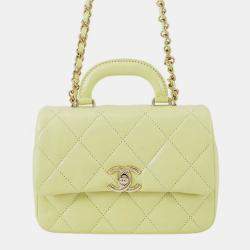 Pre Owned Chanel Top Handle Matelasse Shoulder Yellow Shiny Calf Leather Size Mini