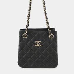 Pre Owned Chanel Matelasse Chain Bucket Shoulder Bag Black Caviar Leather Size Mini