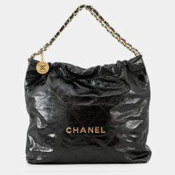 Pre Owned Chanel Chanel22 Black Shiny Calf Leather Medium Handbag 