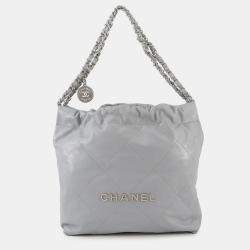 Pre Owned Chanel Chanel 22 Gray Shiny Calf Leather Small Handbag 