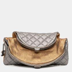 Pre Owned Chanel Gold Silver Quilted Metallic Goatskin Tabatiere Kisslock Foldover Clutch