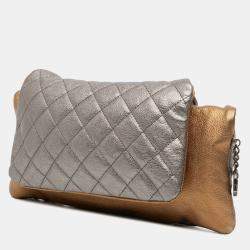 Pre Owned Chanel Gold Silver Quilted Metallic Goatskin Tabatiere Kisslock Foldover Clutch