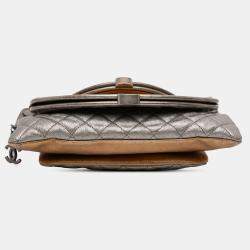 Pre Owned Chanel Gold Silver Quilted Metallic Goatskin Tabatiere Kisslock Foldover Clutch