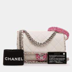Pre Owned Chanel Cream Quilted Lambskin and Tweed Elegant Trim Flap