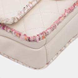 Pre Owned Chanel Cream Quilted Lambskin and Tweed Elegant Trim Flap