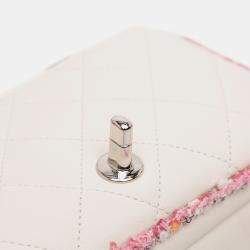 Pre Owned Chanel Cream Quilted Lambskin and Tweed Elegant Trim Flap