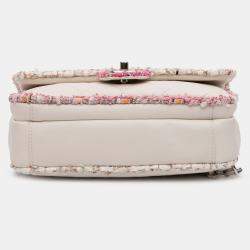 Pre Owned Chanel Cream Quilted Lambskin and Tweed Elegant Trim Flap