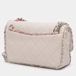 Pre Owned Chanel Cream Quilted Lambskin and Tweed Elegant Trim Flap