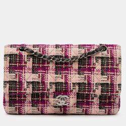 Pre Owned Chanel Pink Medium Classic Tweed Double Flap Bag