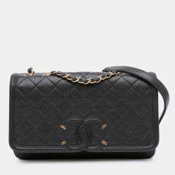 Pre Owned Chanel Black Medium Caviar CC Filigree Flap