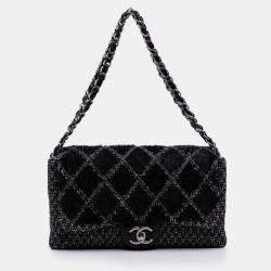 Pre Owned Chanel Black Large Tweed and Sequin Icons 3 Accordion Flap