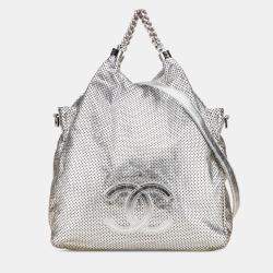 Pre Owned Chanel Silver Medium Metallic Glazed Calfskin Perforated Rodeo Drive Satchel