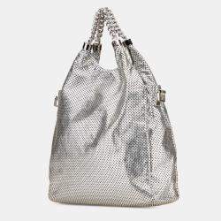 Pre Owned Chanel Silver Medium Metallic Glazed Calfskin Perforated Rodeo Drive Satchel