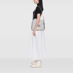 Pre Owned Chanel Silver Medium Metallic Glazed Calfskin Perforated Rodeo Drive Satchel