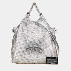Pre Owned Chanel Silver Medium Metallic Glazed Calfskin Perforated Rodeo Drive Satchel