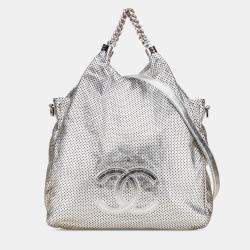 Pre Owned Chanel Silver Medium Metallic Glazed Calfskin Perforated Rodeo Drive Satchel