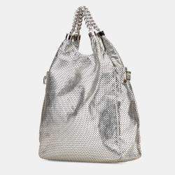 Pre Owned Chanel Silver Medium Metallic Glazed Calfskin Perforated Rodeo Drive Satchel