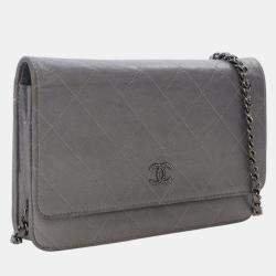 Pre Owned Chanel Silver CC Quilted Aged Calfskin Wallet On Chain