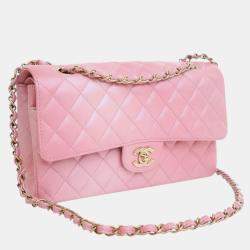 Pre Owned Chanel Pink Medium Classic Iridescent Lambskin Double Flap