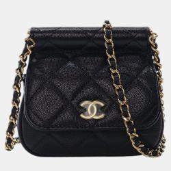 Pre Owned Chanel Black Mini Caviar Bar Clutch On Chain