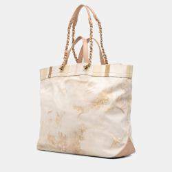 Pre Owned Chanel Beige Brown Canvas Floral Shopping Tote