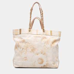 Pre Owned Chanel Beige Brown Canvas Floral Shopping Tote