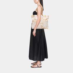 Pre Owned Chanel Beige Brown Canvas Floral Shopping Tote