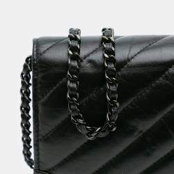 Pre Owned Chanel Black Chevron Aged Calfskin Gabrielle Wallet On Chain