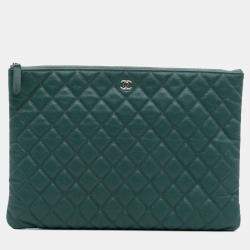 Pre Owned Chanel Green Large Quilted Caviar O Case Clutch