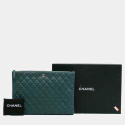 Pre Owned Chanel Green Large Quilted Caviar O Case Clutch