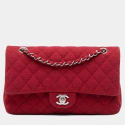 Pre Owned Chanel Red Medium Classic Jersey Double Flap