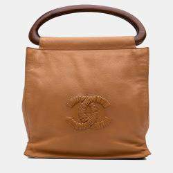 Pre Owned Chanel Brown CC Grained Calfskin Wooden Handle Tote