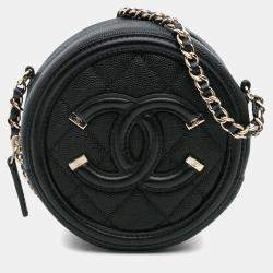 Pre Owned Chanel Black Caviar CC Filigree Round Clutch with Chain