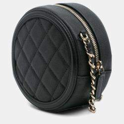 Pre Owned Chanel Black Caviar CC Filigree Round Clutch with Chain