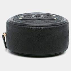 Pre Owned Chanel Black Caviar CC Filigree Round Clutch with Chain