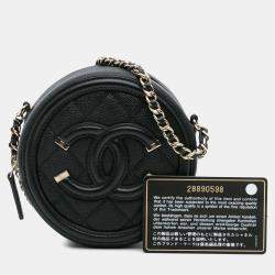 Pre Owned Chanel Black Caviar CC Filigree Round Clutch with Chain