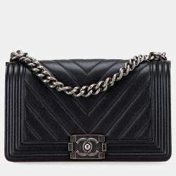 Pre Owned Chanel Black Old Medium Chevron Caviar Boy Flap