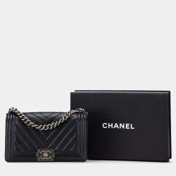Pre Owned Chanel Black Old Medium Chevron Caviar Boy Flap