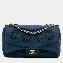 Pre Owned Chanel Blue Jumbo Chevron Denim Fringe Coco Flap