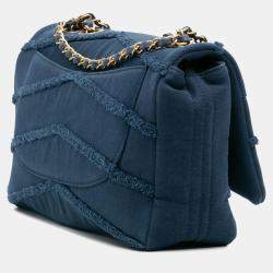 Pre Owned Chanel Blue Jumbo Chevron Denim Fringe Coco Flap