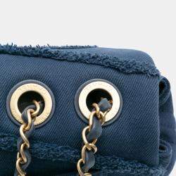 Pre Owned Chanel Blue Jumbo Chevron Denim Fringe Coco Flap