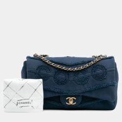 Pre Owned Chanel Blue Jumbo Chevron Denim Fringe Coco Flap