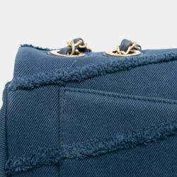 Pre Owned Chanel Blue Jumbo Chevron Denim Fringe Coco Flap