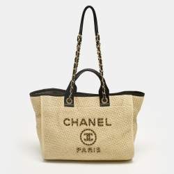 Pre Owned Chanel Cream/Black Raffia and Leather Large Deauville Bag