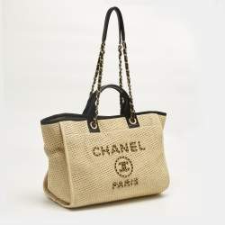 Pre Owned Chanel Cream/Black Raffia and Leather Large Deauville Bag