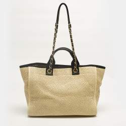 Pre Owned Chanel Cream/Black Raffia and Leather Large Deauville Bag