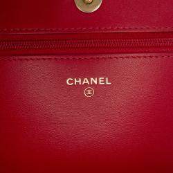 Pre Owned Chanel Red CC Quilted Velvet Wallet on Chain